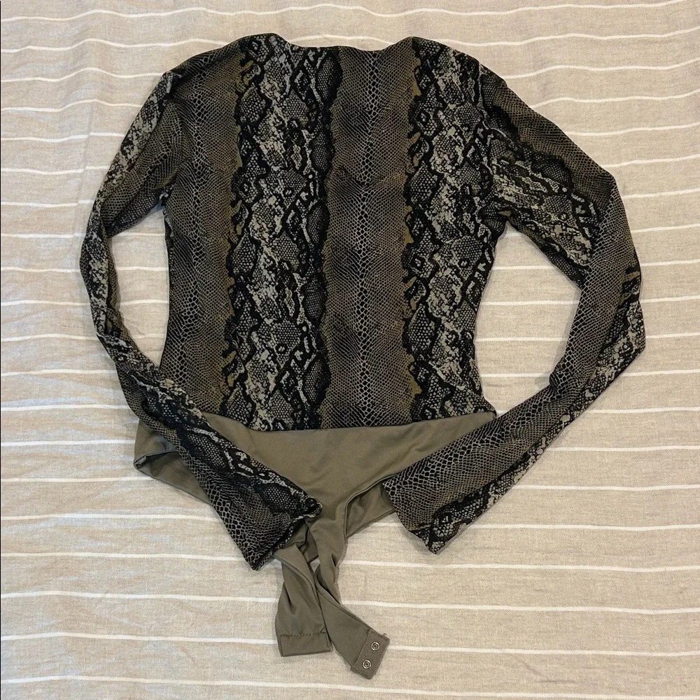 AFRM Olive and Black Snake Print V-Neck Bodysuit - Picture 4 of 4